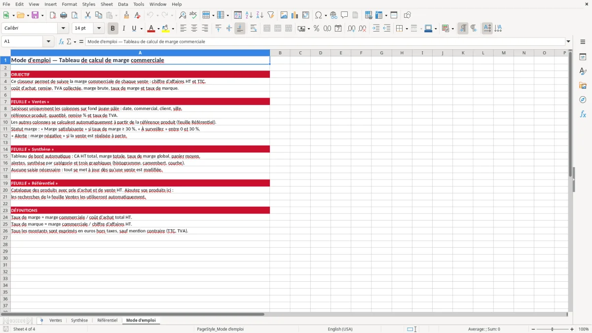 Capture 4 : onglet Mode d'emploi - Modèle Excel tableau calcul marge commerciale excel