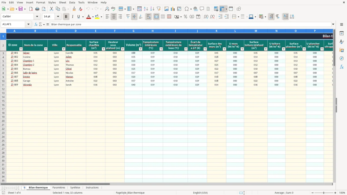 Capture 1 : onglet Bilan thermique - Modèle Excel bilan thermique excel