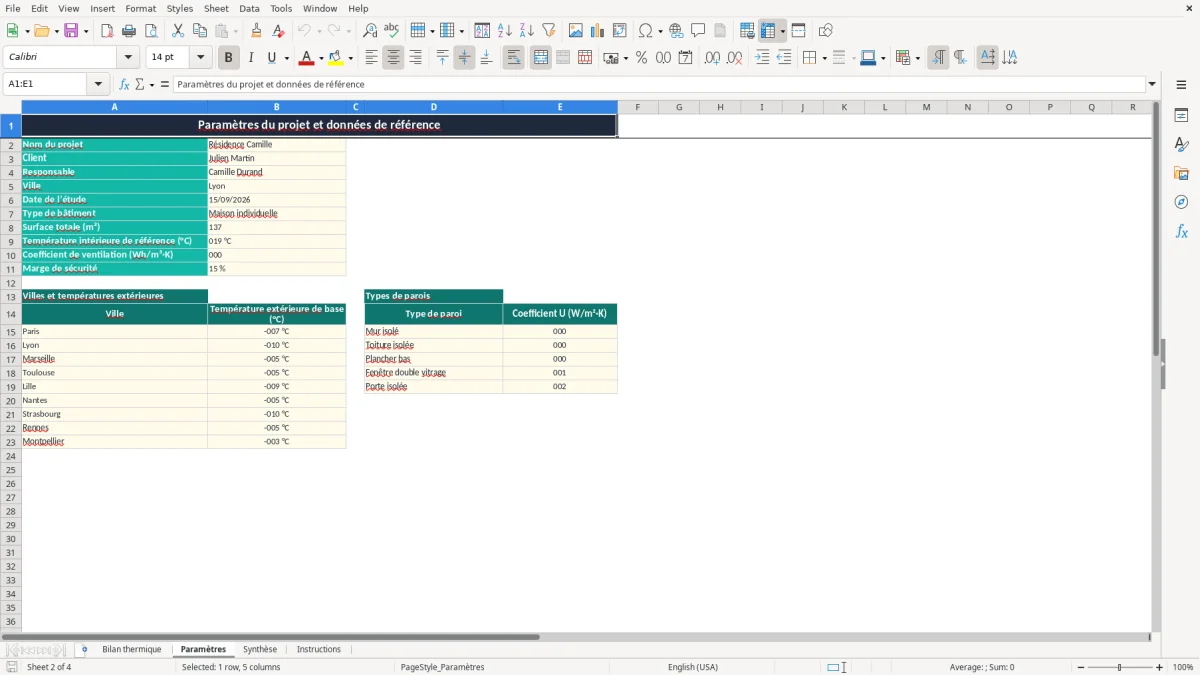 Capture 2 : onglet Paramètres - Modèle Excel bilan thermique excel