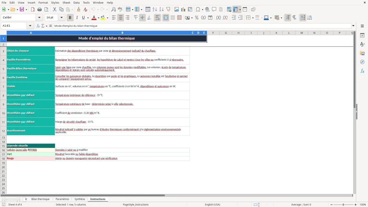 Capture 4 : onglet Instructions - Modèle Excel bilan thermique excel