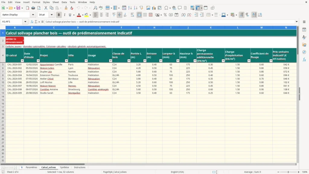 Calcul_solives – Calcul solivage plancher bois Excel – Modèle (2026)