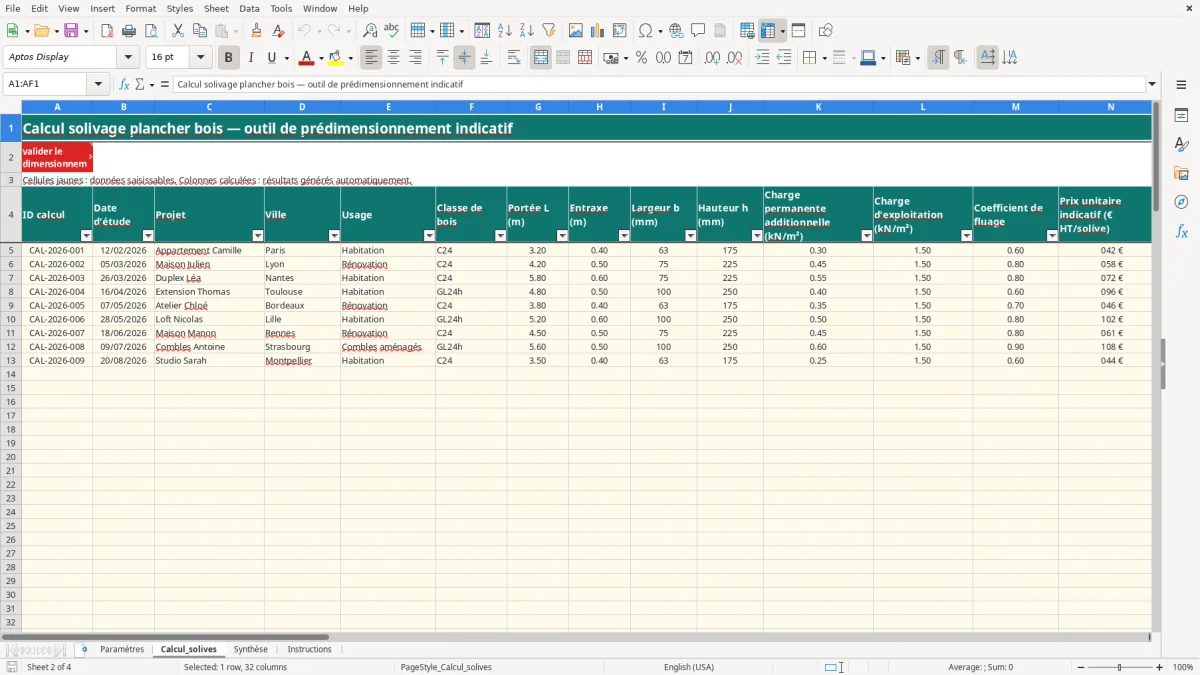 Capture 2 : onglet Calcul_solives - Modèle Excel calcul solivage plancher bois excel