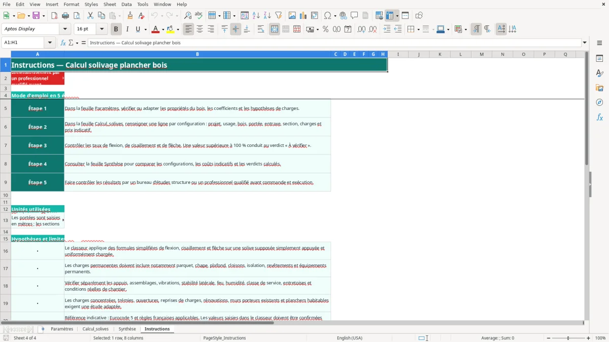 Capture 4 : onglet Instructions - Modèle Excel calcul solivage plancher bois excel
