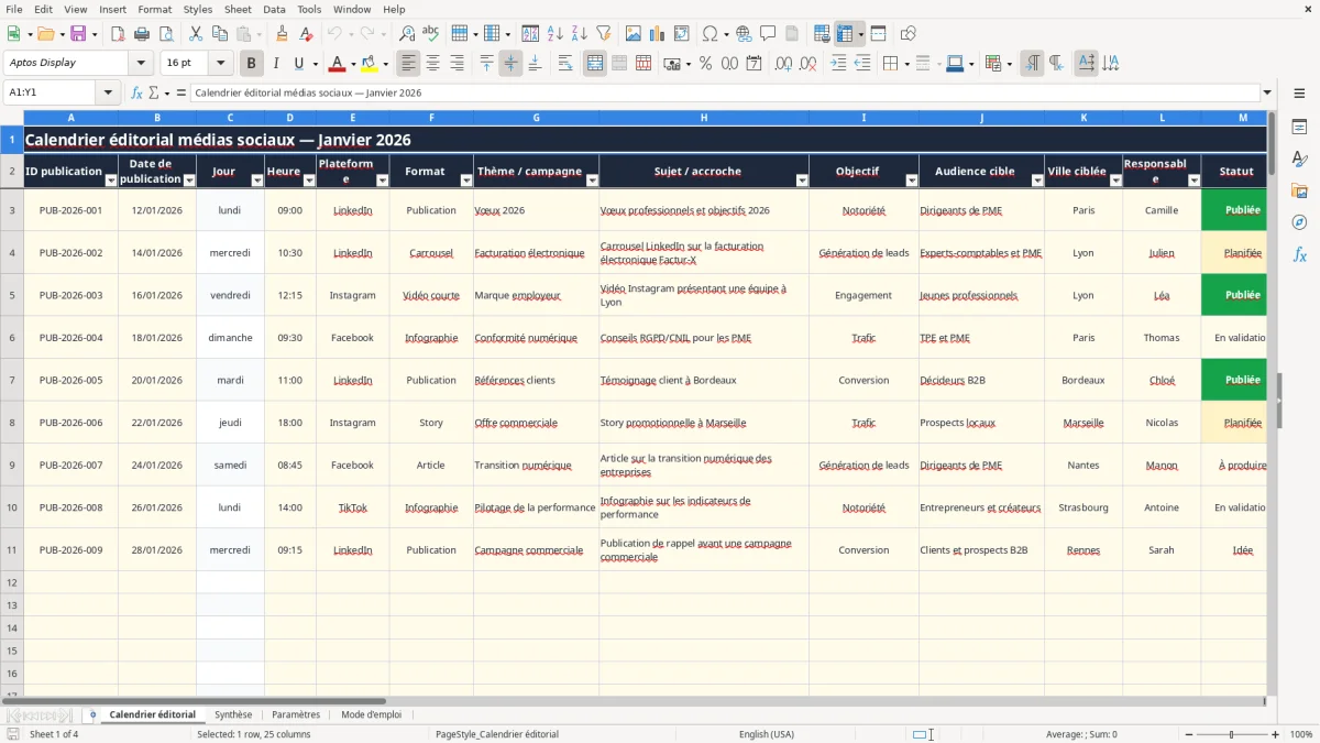 Capture 1 : onglet Calendrier éditorial - Modèle Excel exemple calendrier editorial medias sociaux excel