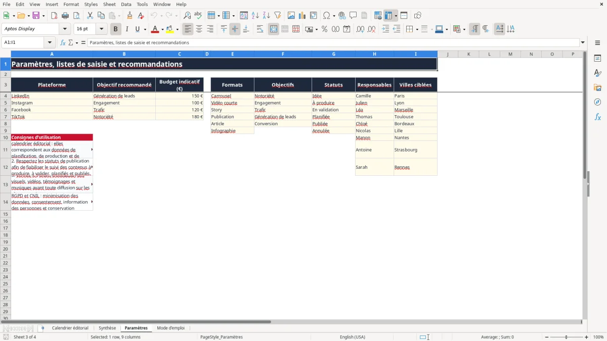 Capture 3 : onglet Paramètres - Modèle Excel exemple calendrier editorial medias sociaux excel