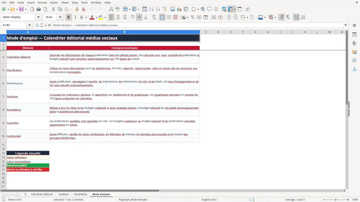 Capture 4 : onglet Mode d'emploi - Modèle Excel exemple calendrier editorial medias sociaux excel