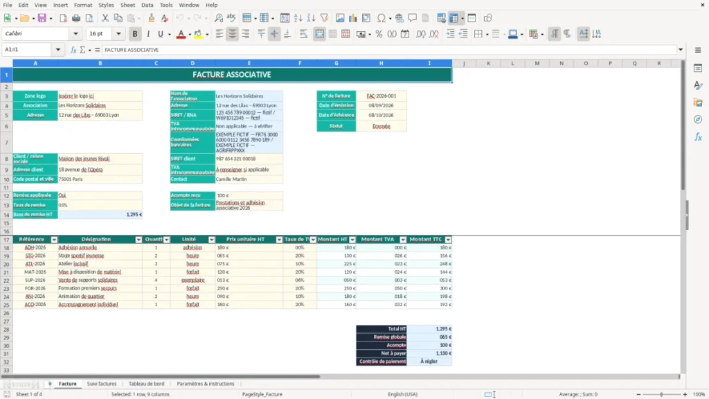 Facture – Facture association Excel – Modèle Gratuit (2026)