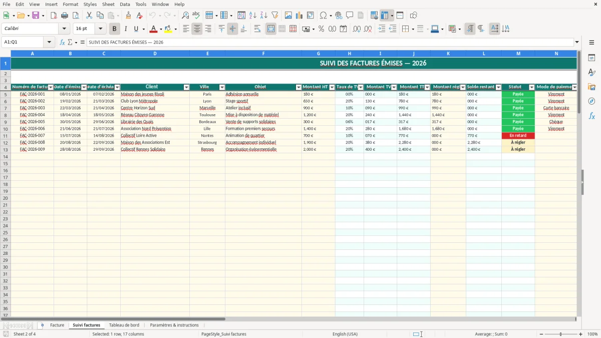 Capture 2 : onglet Suivi factures - Modèle Excel modele facture association excel