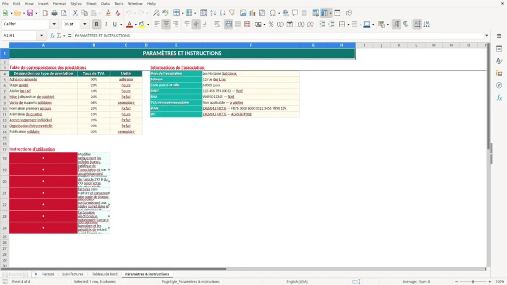 Paramètres & instructions – Facture association Excel – Modèle Gratuit (2026)