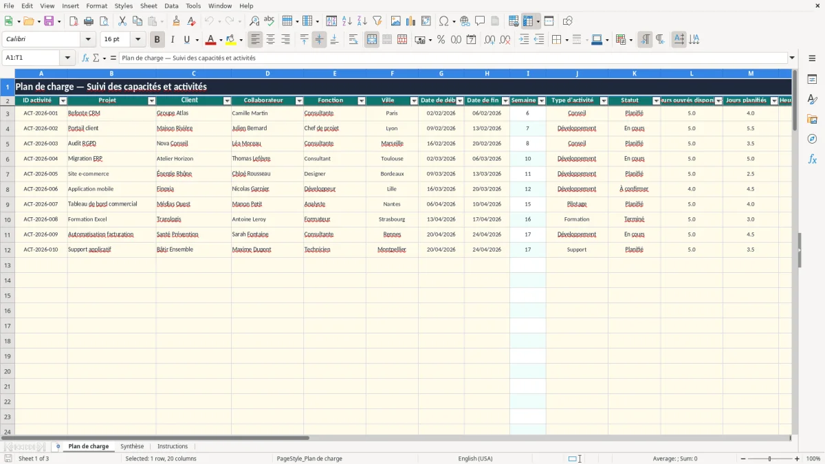Capture 1 : onglet Plan de charge - Modèle Excel plan de charge excel