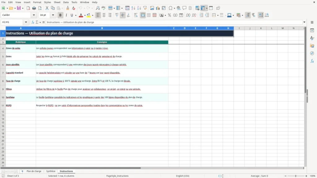 Instructions – Plan de charge Excel – Modèle Gratuit (2026)