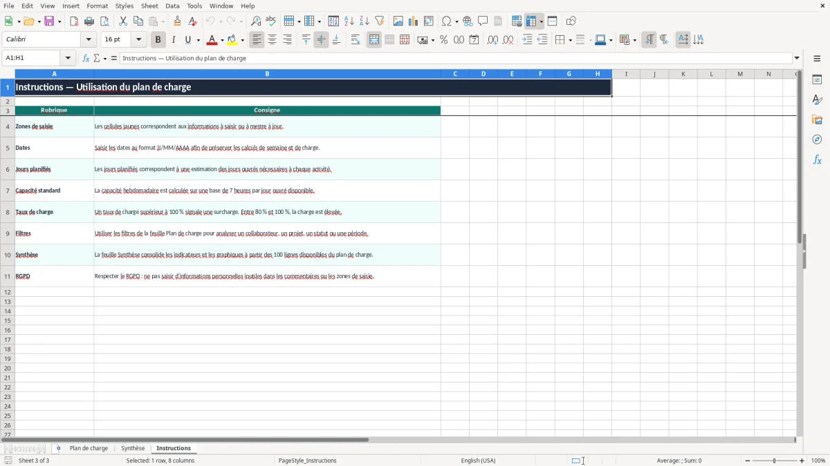 Capture 3 : onglet Instructions - Modèle Excel plan de charge excel