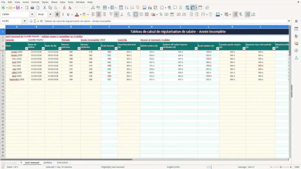 Suivi mensuel – Régularisation salaire Excel – Modèle Gratuit (2026)