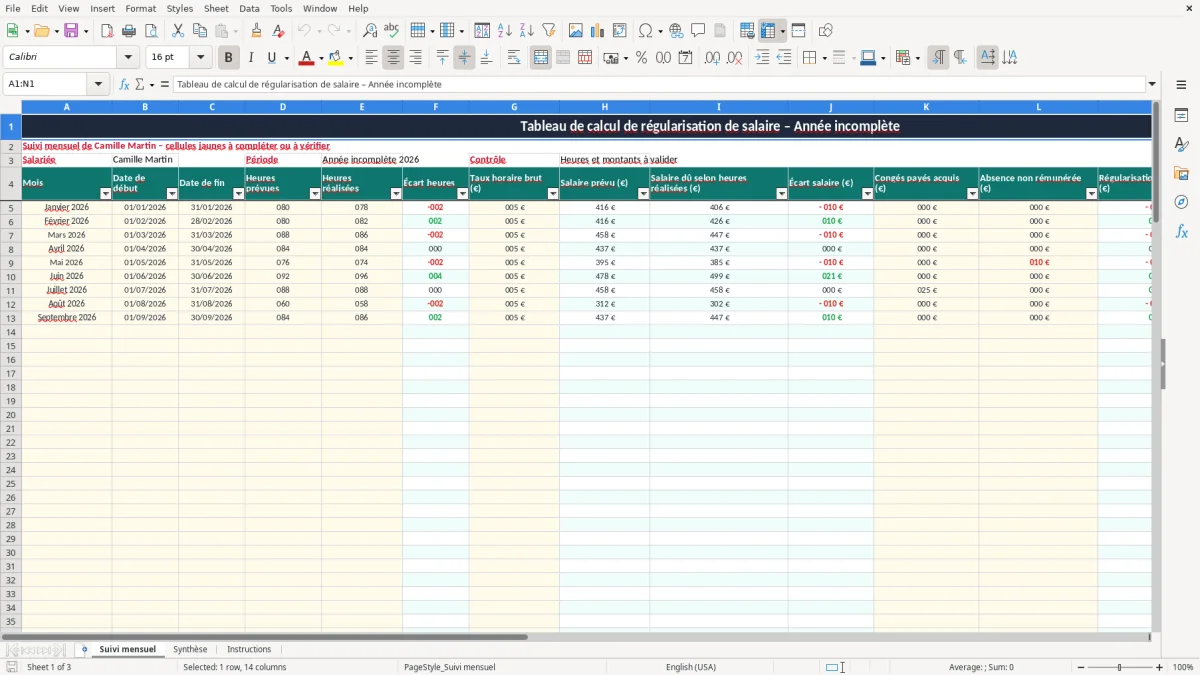 Capture 1 : onglet Suivi mensuel - Modèle Excel tableau calcul regularisation salaire annee incomplete excel