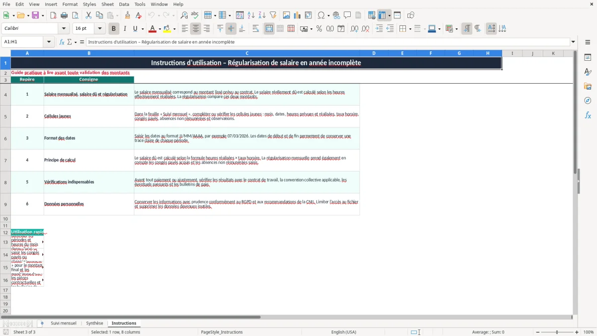 Capture 3 : onglet Instructions - Modèle Excel tableau calcul regularisation salaire annee incomplete excel