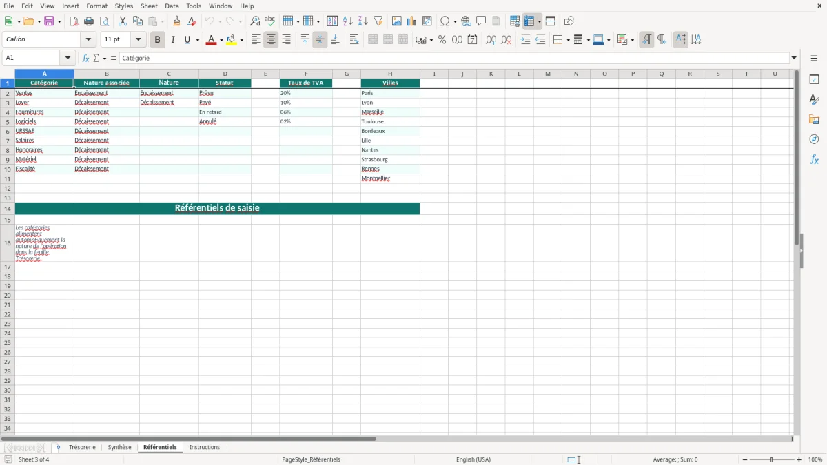 Capture 3 : onglet Référentiels - Modèle Excel tableau de tresorerie sur excel