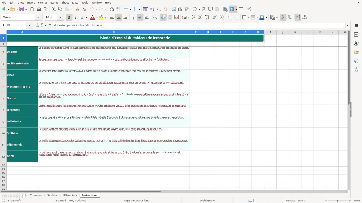 Capture 4 : onglet Instructions - Modèle Excel tableau de tresorerie sur excel