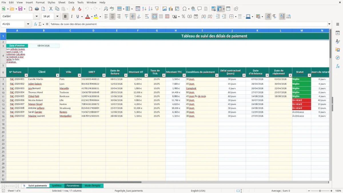 Capture 1 : onglet Suivi paiements - Modèle Excel tableau des delais de paiement excel