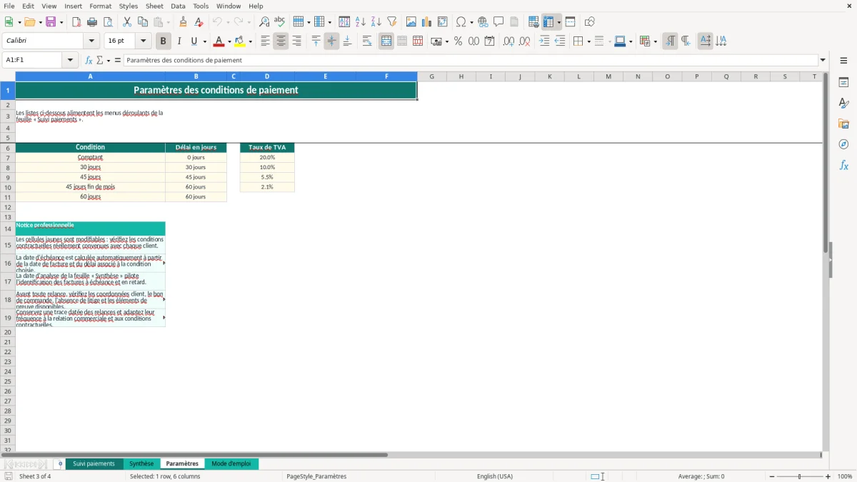 Capture 3 : onglet Paramètres - Modèle Excel tableau des delais de paiement excel