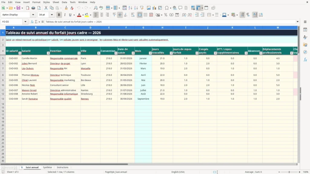 Suivi annuel – Forfait jour cadre Excel – Modèle Gratuit (2026)