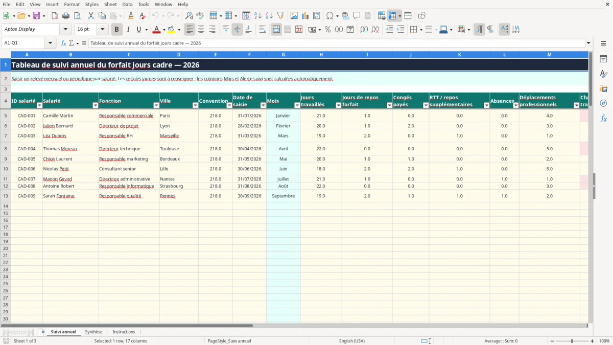 Capture 1 : onglet Suivi annuel - Modèle Excel tableau suivi forfait jour cadre excel
