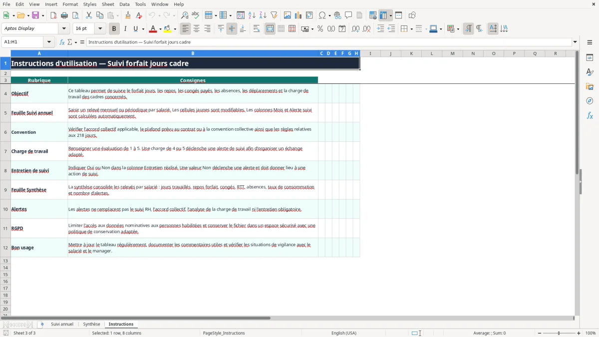 Capture 3 : onglet Instructions - Modèle Excel tableau suivi forfait jour cadre excel