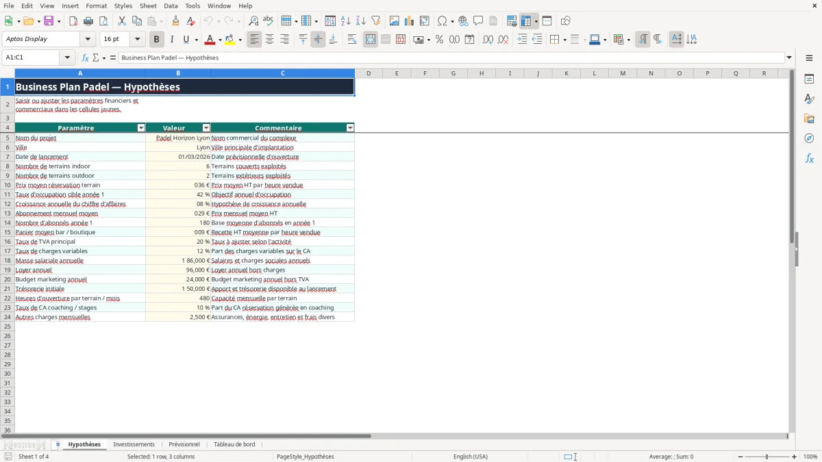 Capture 1 : onglet Hypothèses - Modèle Excel business plan padel excel