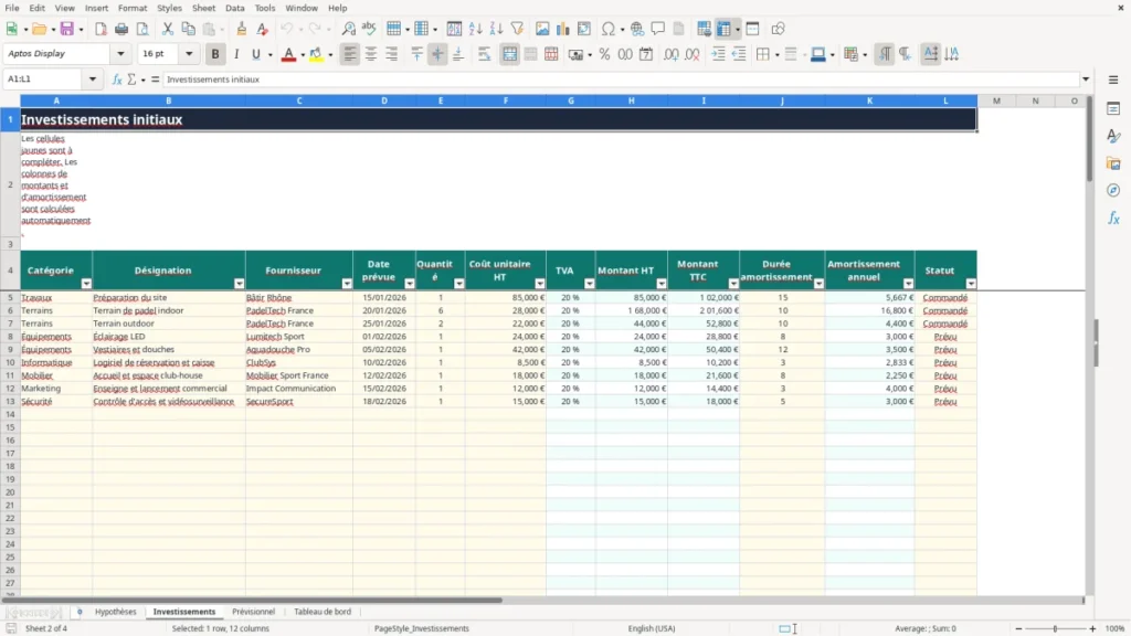 Investissements – Business plan padel Excel – Modèle Gratuit (2026)