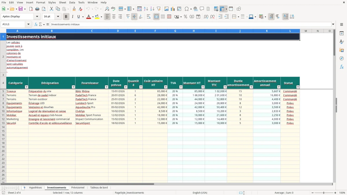 Capture 2 : onglet Investissements - Modèle Excel business plan padel excel