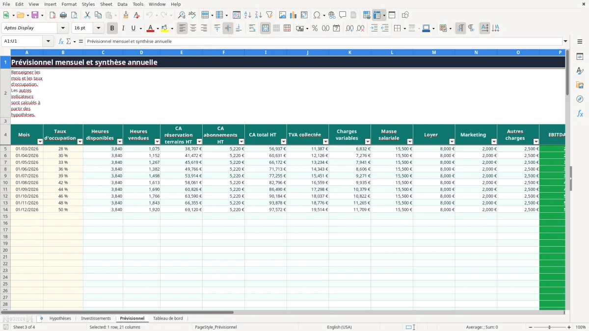 Capture 3 : onglet Prévisionnel - Modèle Excel business plan padel excel