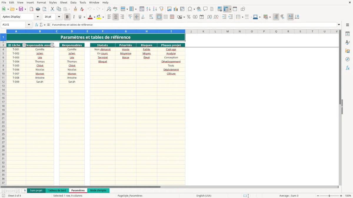 Capture 3 : onglet Paramètres - Modèle Excel excel avancement projet