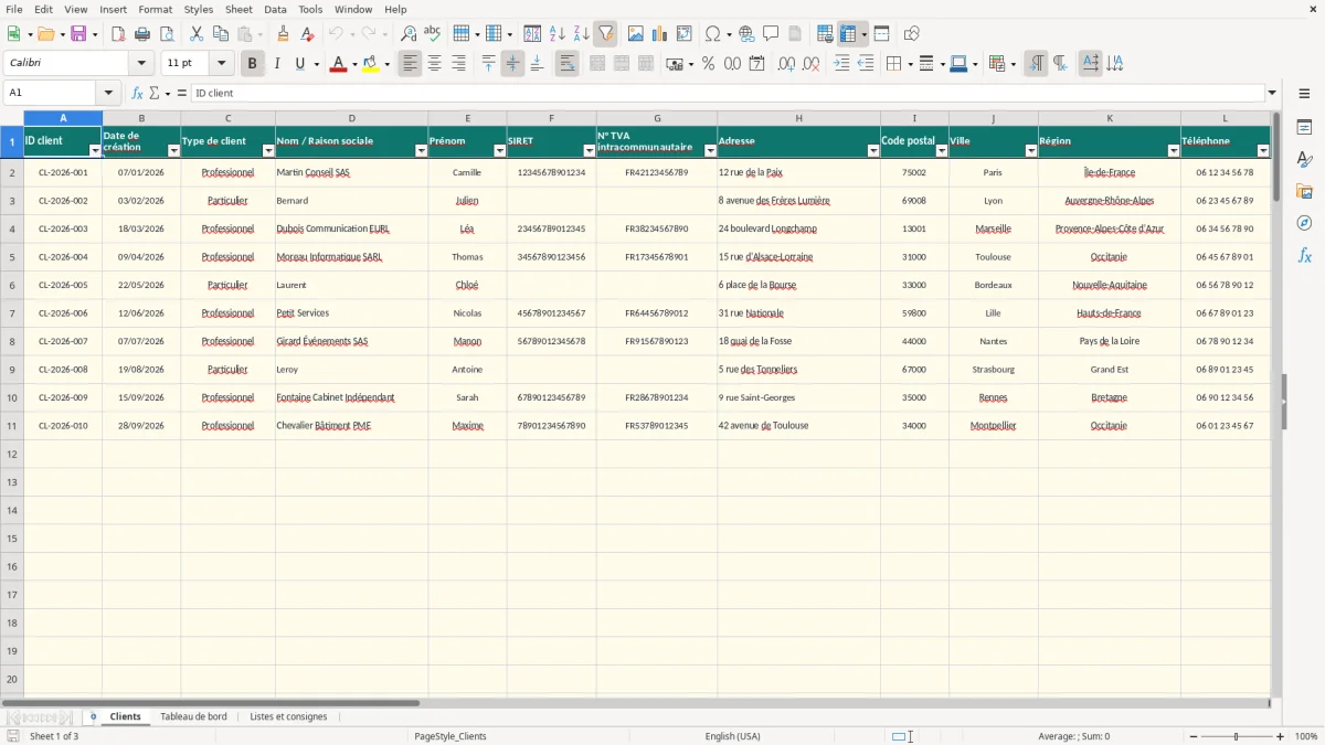 Capture 1 : onglet Clients - Modèle Excel fiche de renseignement client excel