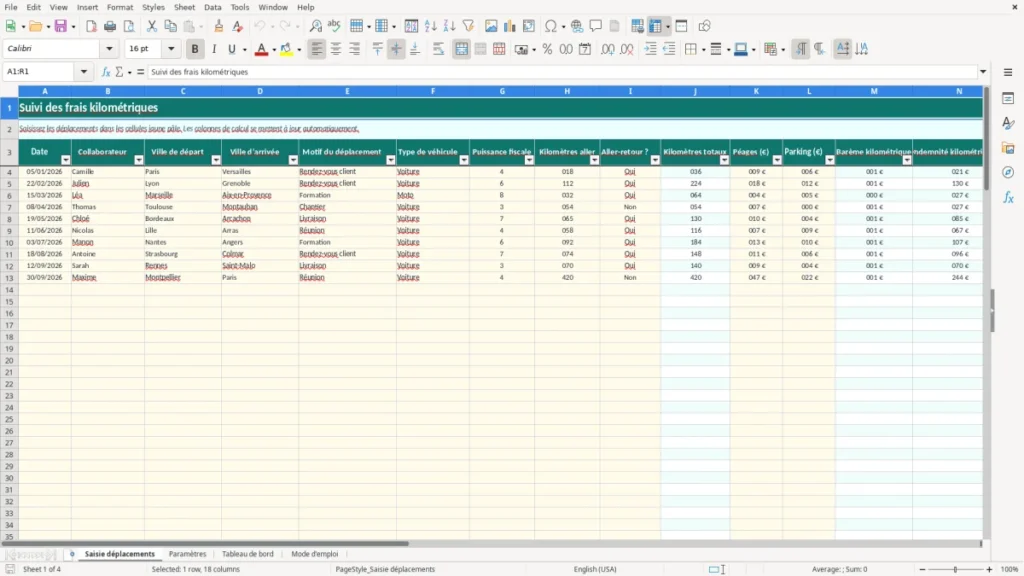 Saisie déplacements – Frais kilométriques Excel – Modèle Gratuit (2026)