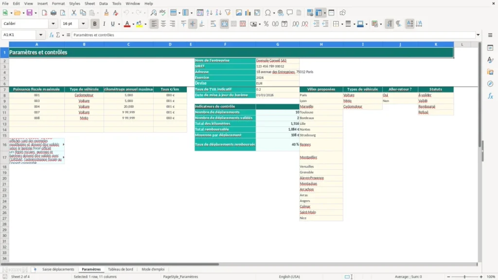 Paramètres – Frais kilométriques Excel – Modèle Gratuit (2026)