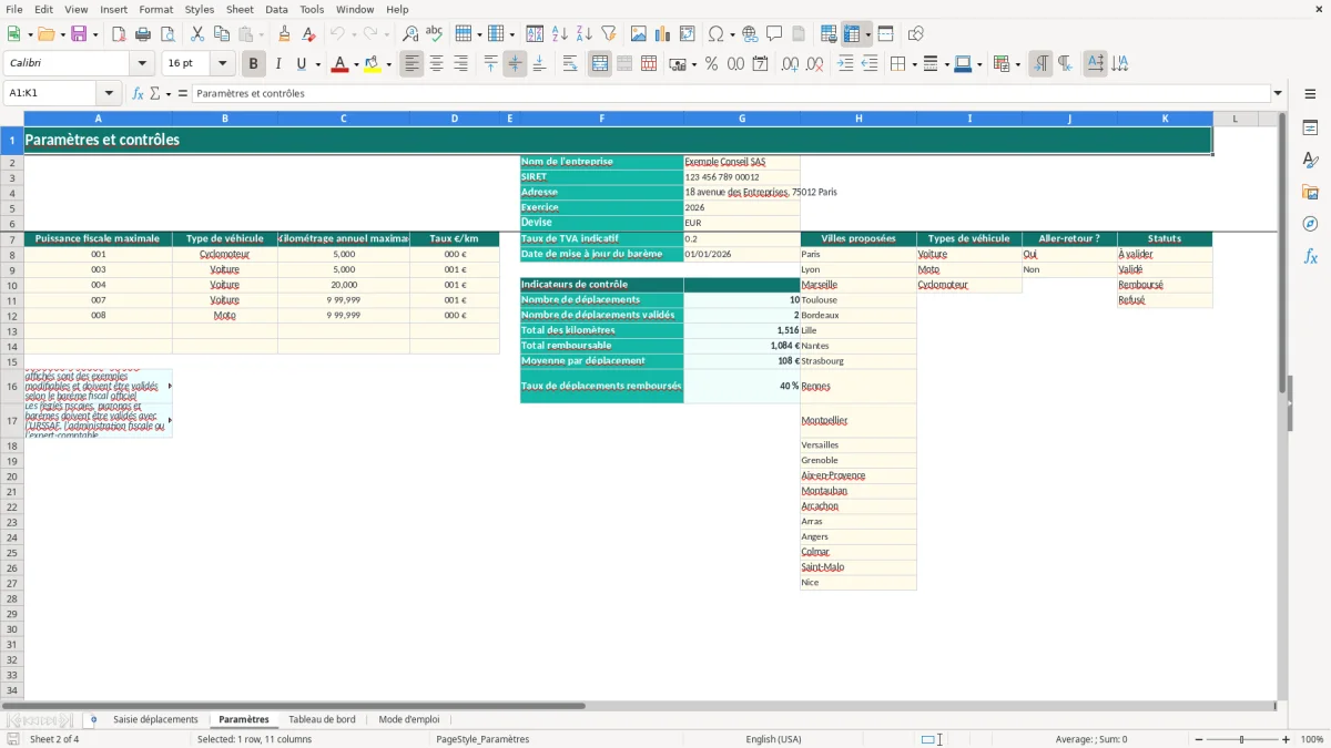 Capture 2 : onglet Paramètres - Modèle Excel modele frais kilometrique excel