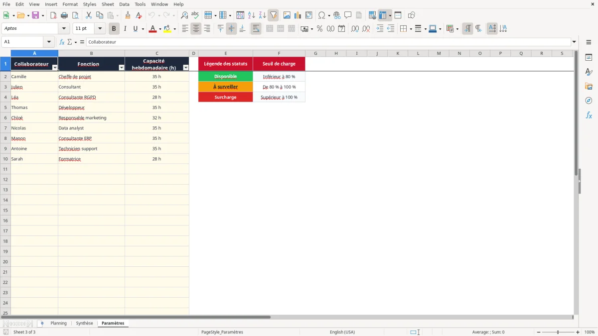 Capture 3 : onglet Paramètres - Modèle Excel planning de charge excel