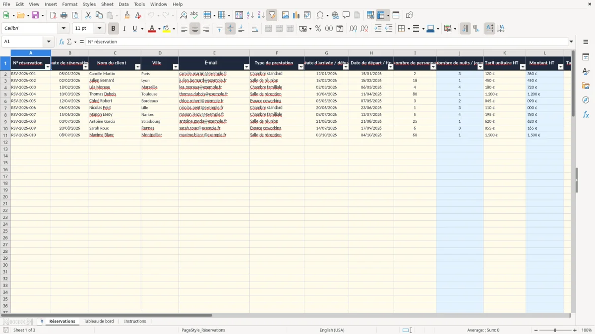 Capture 1 : onglet Réservations - Modèle Excel planning de reservation excel
