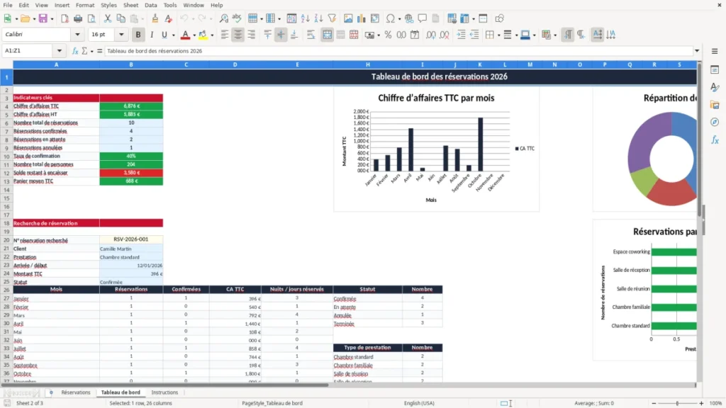 Tableau de bord – Planning de réservation Excel – Modèle Gratuit (2026)