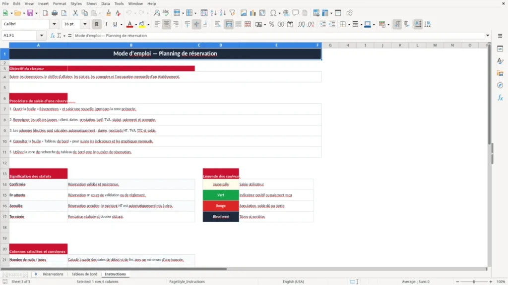 Instructions – Planning de réservation Excel – Modèle Gratuit (2026)