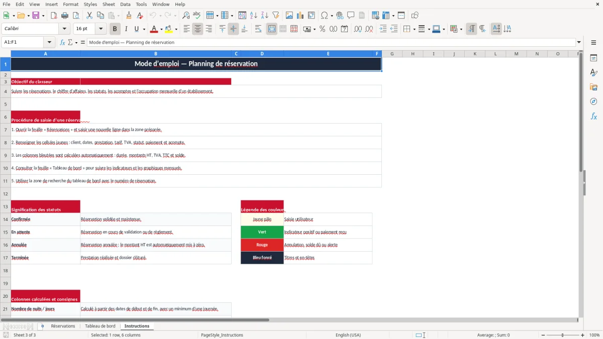 Capture 3 : onglet Instructions - Modèle Excel planning de reservation excel