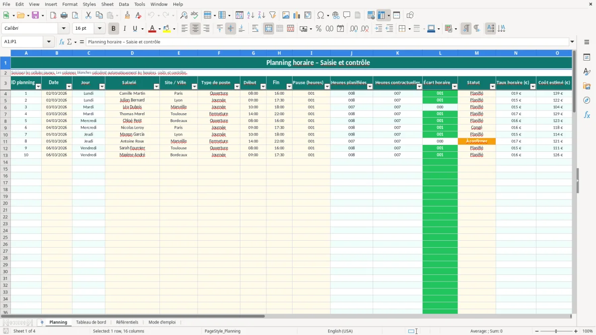 Capture 1 : onglet Planning - Modèle Excel planning horaire excel