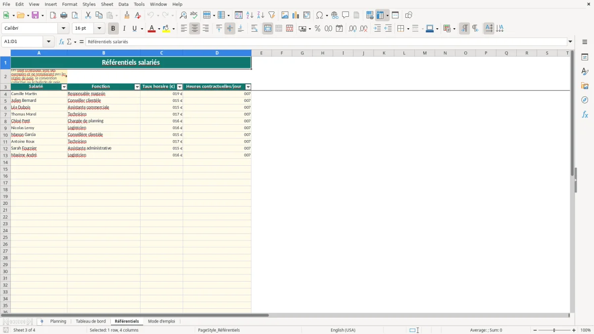 Capture 3 : onglet Référentiels - Modèle Excel planning horaire excel