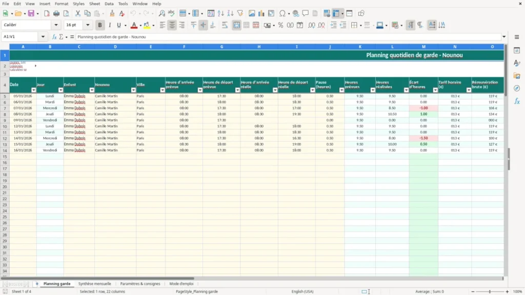 Planning garde – Planning nounou Excel – Modèle Gratuit (2026)