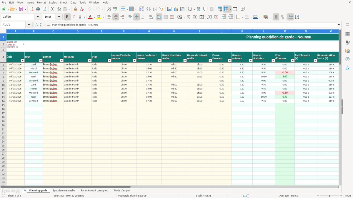Capture 1 : onglet Planning garde - Modèle Excel planning nounou excel