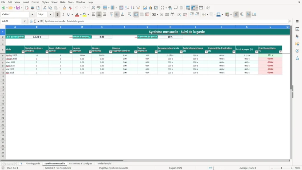 Synthèse mensuelle – Planning nounou Excel – Modèle Gratuit (2026)