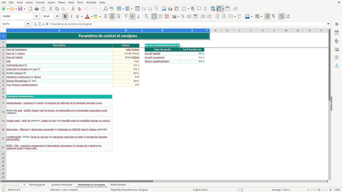 Capture 3 : onglet Paramètres & consignes - Modèle Excel planning nounou excel